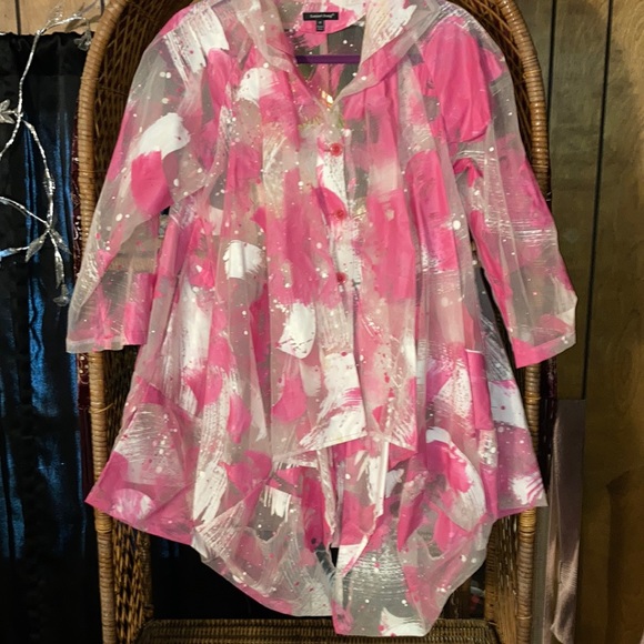 Samuel Dong Jackets & Blazers - Samuel Dong Pink White and Sheer Button Down Jacket